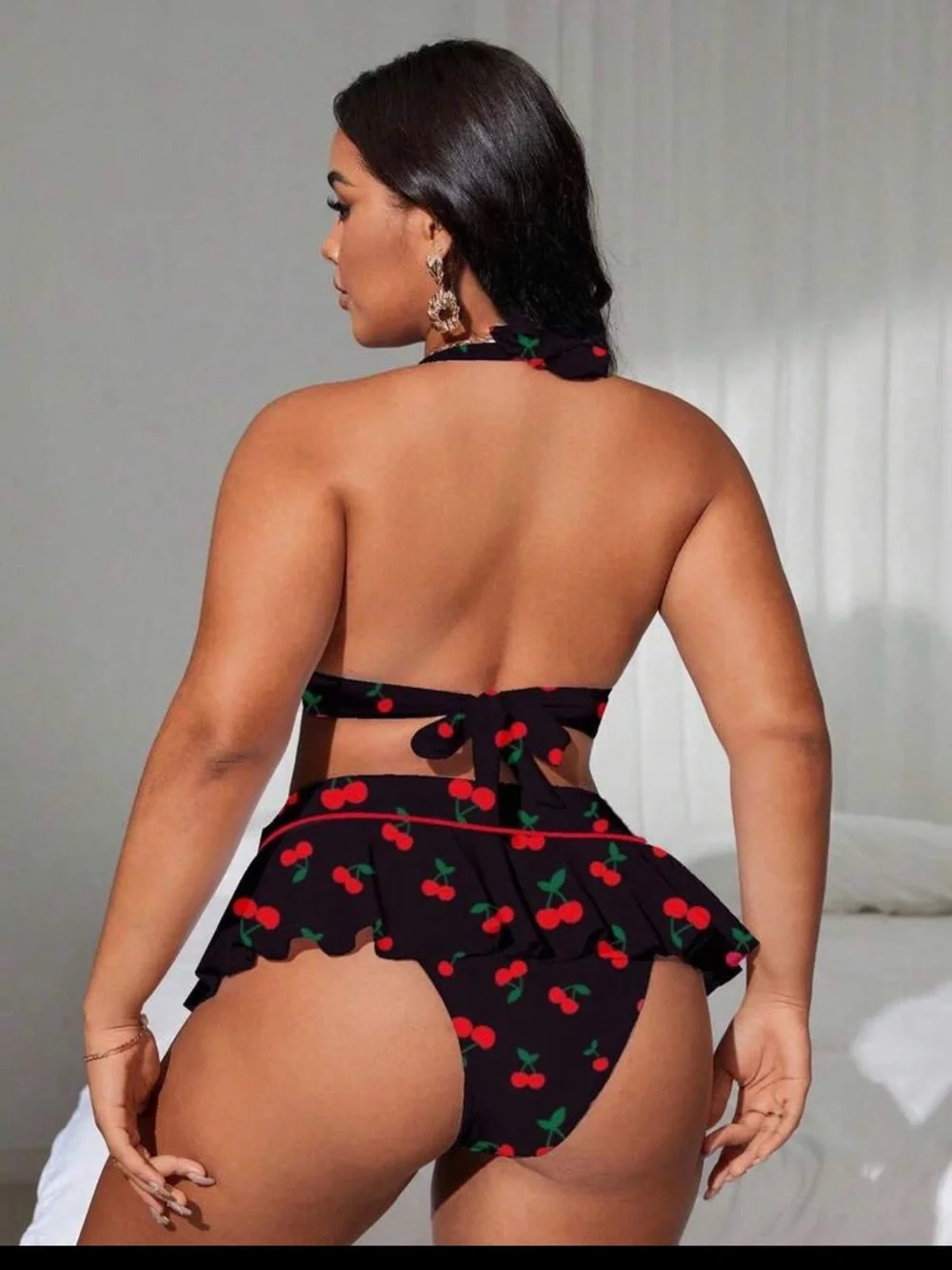 SHEIN Black Cherry Print Halter Skirted Bikini Set